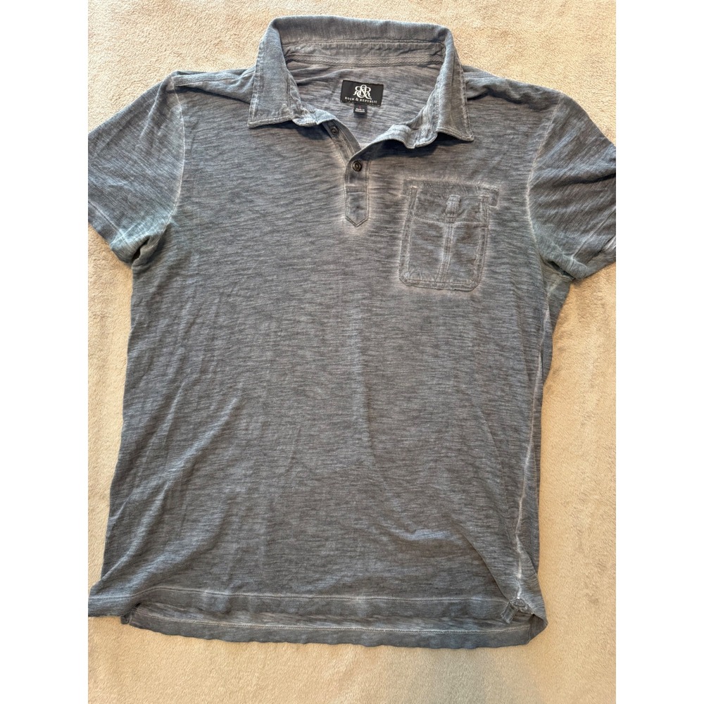Rock & Republic Mens Polo Shirt Blue Slub Knit Short Sleeve Pocket Large